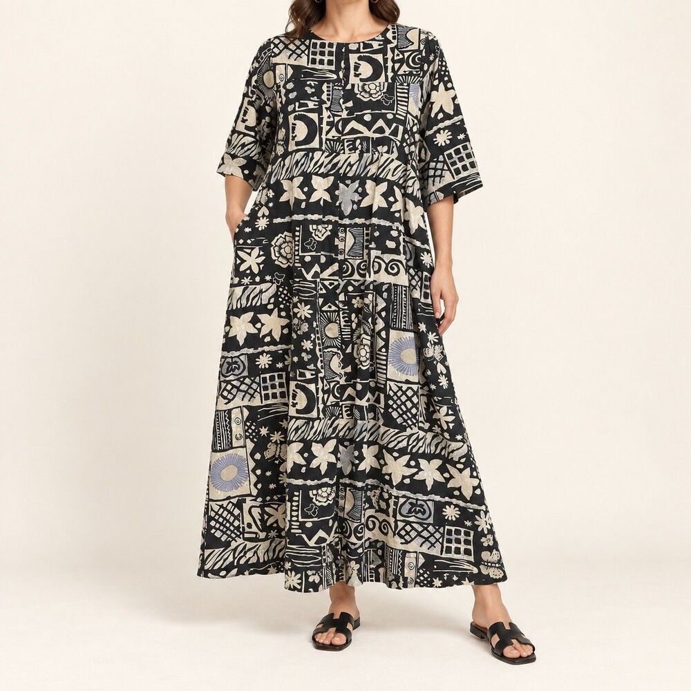 Womens Black Cream Abstract Print Maxi Dress 3/4 Sleeve Pockets Zip Back Boho XL